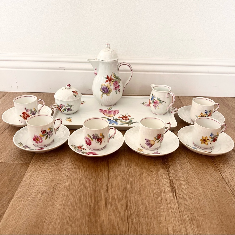 Rare 16 PCs‎ Antique 1905 Dresden Handgemalt Coffee Tea Set W/ Tray Hand Painted